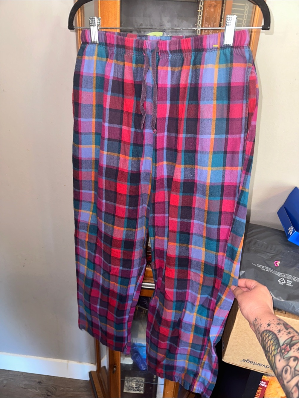 L.L. Bean Plaid Flannel Joggers in Pink, Blue & Red